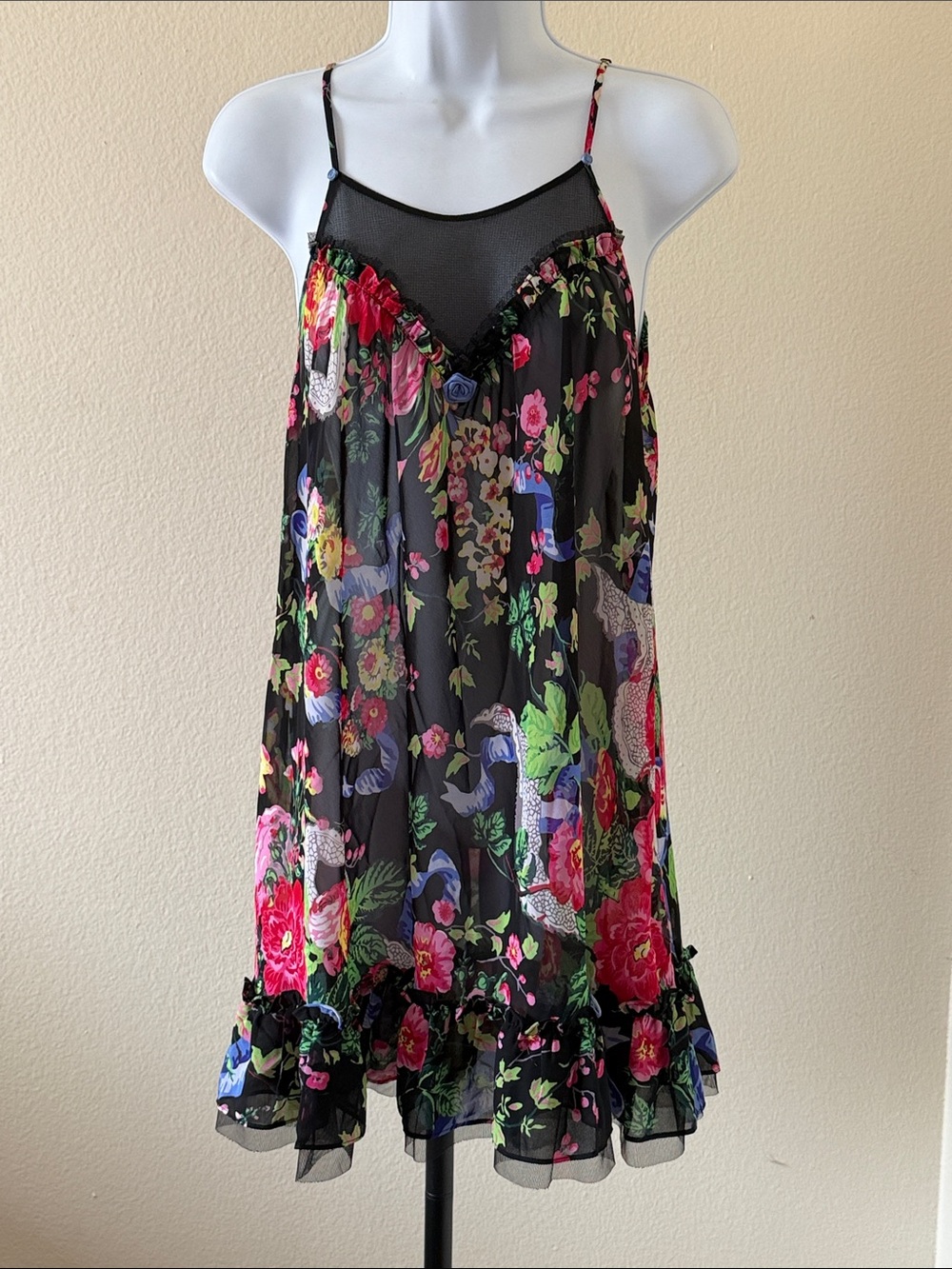 Betsey Johnson Black Floral Sheer Chiffon Slip